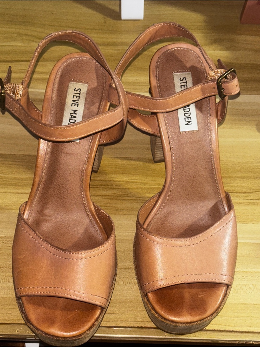 Steve Madden Cognac Leather Block Heel Sandals